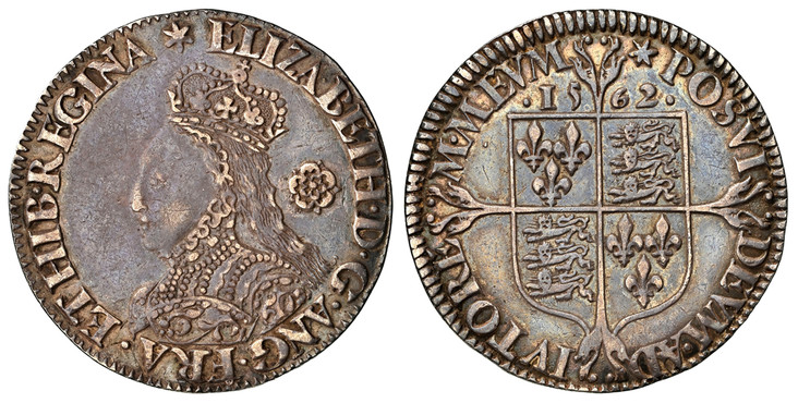1083312 GREAT BRITAIN. England. Elizabeth I. (Queen, 1558-1603). 1562-(star) AR Sixpence. NGC XF45.  Edge: Milled. ELIZABETH • D • G • ANG • FRA • ET • HIB • REGINA *. Crowned large broad bust, left elaborately decorated dress, small rose / *POSUI...