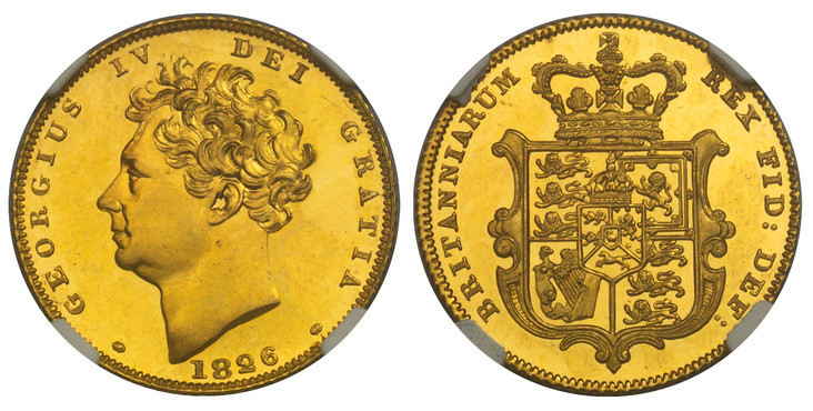 1083327 GREAT BRITAIN. George IV. (King, 1820-1830). 1826 AV Half-Sovereign. NGC PR66 Cameo.  GEORGIUS IV DEI GRATIA. Head left / BRITANNIARUM REX FID: DEF:. Crowned arms within cartouche. KM 700; SCBC-3804A; W&R 249; Hill 407C.

Please use this l...