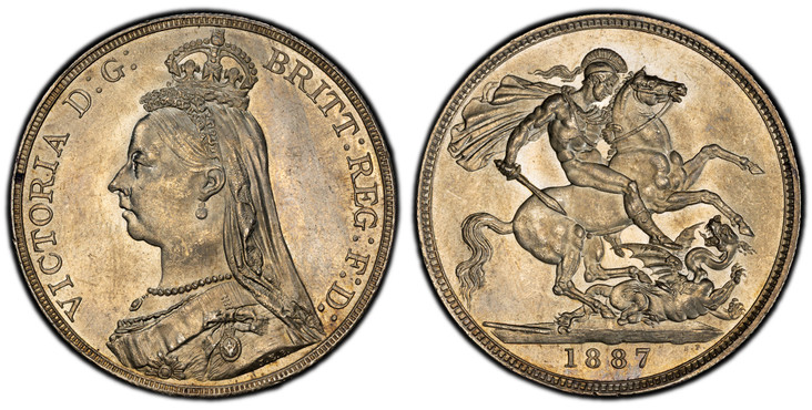 1083346 GREAT BRITAIN. Victoria. (Queen, 1837-1901). 1887 AR Crown. PCGS MS63.  VICTORIA D:G: BRITT: REGINA: F:D:. Bust left wearing small crown and veil / St. George slaying dragon right. KM 765; SCBC-3921; ESC-2585 (Prev. ESC-296); Dav-107.

Ple...
