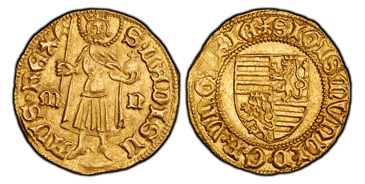 1082811 HUNGARY. Sigismund of Luxembourg, Hungary. (Holy Roman Emperor, 1433–1437). (1387-1437)-M - N AV Goldgulden. PCGS MS63.  Nagybánya (Baia Mare). 3.59gm. + SIGISMVҺDI • D • G • R • VҺGARIЄ •. Shield of arms within beaded ring, legend around ...