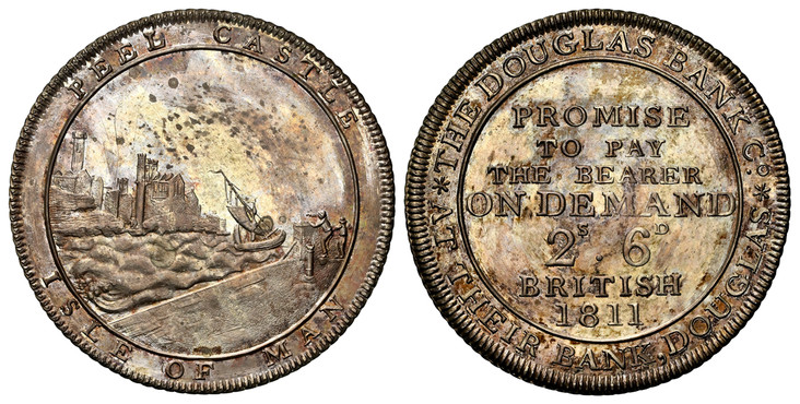 1080623 ISLE OF MAN. The Bank of Douglas Co. 1811 AR 2 Shilling 6 Pence (Halfcrown). NGC MS63.  Edge: Obliquely milled. 7.84gm. PEEL CASTLE ISLE OF MAN. Sailboat, city view within circle / PROMISE TO PAY THE BEARER ON DEMAND... Inscription, date w...