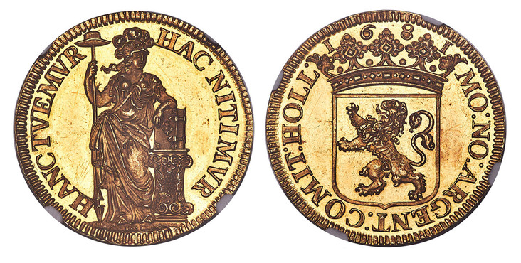 1084179 NETHERLANDS. Holland. 1681 AV Gulden, 20 Stuiver (Struck to 5 Ducat Weight). NGC PR64 Cameo.  Edge: Plain. 17.47gm. Crowned arms without value / Standing female figure leaning on Bible column, holding spear with Liberty cap. KM 61a; Delmon...