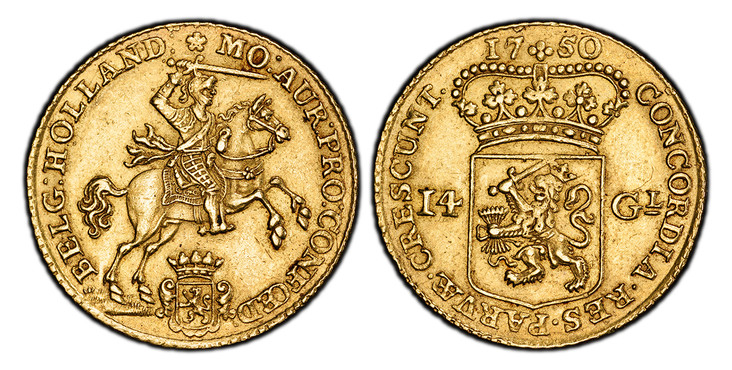 1083101 NETHERLANDS. Holland. 1750 AV 14 Gulden. PCGS AU58.  9.86gm. BELG : HOLLAND : MO : AUR : PRO : CONFOED :. Armored Knight on horse above crowned shield / CONCORDIA · RES · PARVÆ · CRESCUNT ·. Crowned arms of Holland divides value, date abov...