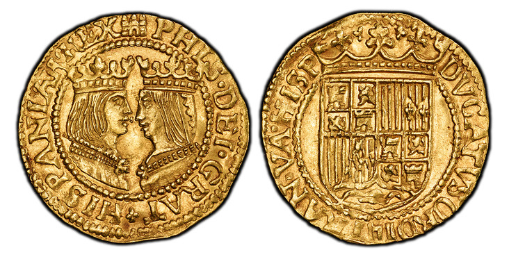1083112 NETHERLANDS. Overyssel. Ferdinand and Isabella. (Catholic Monarchs, 1497-1506). (1590-1593) ND-(Castle) AV Imitative Ducat. PCGS AU58.  3.41gm. PHLS . DEI . GRAT . HISPANIAR . REX. Crowned facing busts; a pellet at center / DVCATVS ORDI TR...