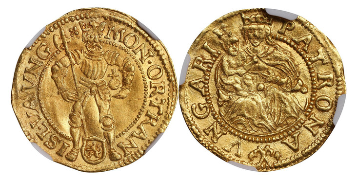 1084184 NETHERLANDS. Overyssel. 1591 (ND) AV Ducat. NGC MS62.  3.51gm. King crowned and standing in full armor, with halberd and orb. A small shield between his feet / Madonna with child. Fr.-266; Delmonte 1049.

Hungarian type.

Please use this l...