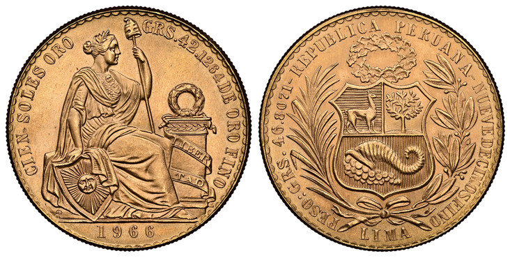 1083826 PERU. 1966 AV 100 Soles. NGC MS66.  Lima. National arms / Seated Liberty flanked by shield and column. KM 231; Friedberg 78.

From a reported mintage of 3,409 pieces struck for this date.

Please use this link to verify the NGC certificati...