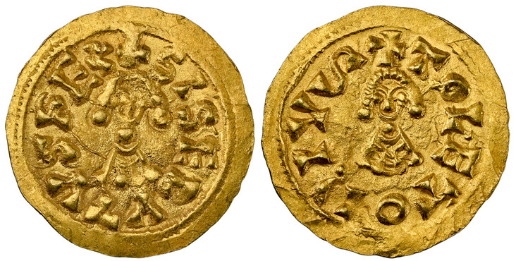 1083995 SPAIN. Visigothic. Sisebut. (King of the Visigoths and ruler of Hispania, Septimania and Galicia, 612-621 AD). 612-621 (ND) AV Tremissis. NGC MS64.  TOLEDO. 1.40gm. SISEBYTYSRE•+ (REX). Facing bust / +TOLETO PIVS. Facing bust. Miles 183; C...