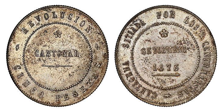 1082317 SPAIN. 1873 AR 5 Pesetas, 20 Reales. NGC MS63.  Cartagena. CARTAGENA SITIADA... Month, date, flower within beaded circle / Flower, written value within beaded circle. KM 716; Calico 14.

Please use this link to verify the NGC certification...
