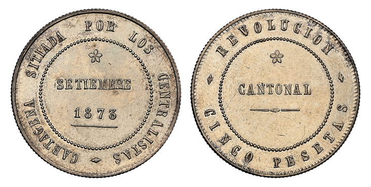 1083416 SPAIN. 1873 AR 5 Pesetas, 20 Reales. NGC MS63.  Cartagena. CARTAGENA SITIADA... Month, date, flower within beaded circle / Flower, written value within beaded circle. KM 716; AC-14; Dav.-338.

Revolutionary Coinage.

Please use this link t...