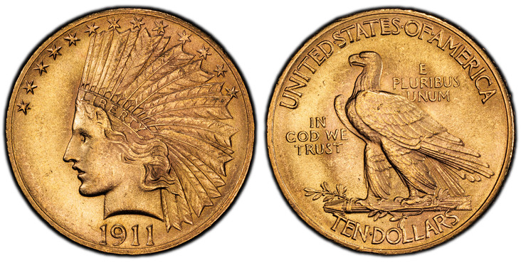 1083048 UNITED STATES OF AMERICA. 1911 AV $10, Eagle. PCGS MS64.  By Augustus Saint Gaudens. U.S. Mint, Philadelphia. Edge: Raised Stars. Liberty wearing Native American war bonnet, left; 13-stars above and date below / IN GOD WE TRUST left of eag...