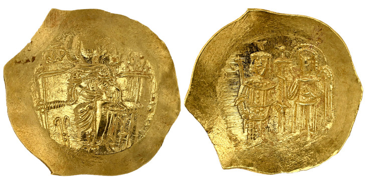 1082956 BYZANTINE.  Isaac II. Struck 1185-95. AV Hyperperon. NGC MS (Mint State) Strike 3/5 Surface 4/5.  Constantinople. 4.23gm. μρ – (θv). The Virgin enthroned, nimbate and wearing a pallium and maphorium; holding infant Christ on her lap / Isaa...