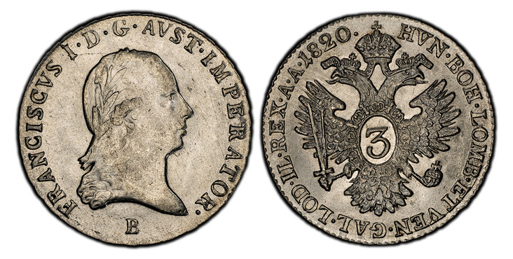 1083165 AUSTRIA. Franz II (I). 1820-B AR 3 Kreuzer. PCGS MS63.  Kremnitz. 1.84gm. Head right / Crowned imperial double eagle. KM 2118; Jaeger 185.

Please use this link to verify the PCGS certification number <a href="http://www.pcgs.com/cert/6126...