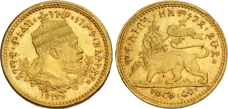 1084727 ETHIOPIA. Menelik II. (King, 1889-1913). EE1889 (1897) AV 1/4 Werk. NGC MS65+.  Addis Ababa. 17mm. 2.77gm. Crowned bust right set on wreath / Crowned Lion of Judah left, head facing, holding banner on cross over shoulder. KM 16; Gill 111.
...