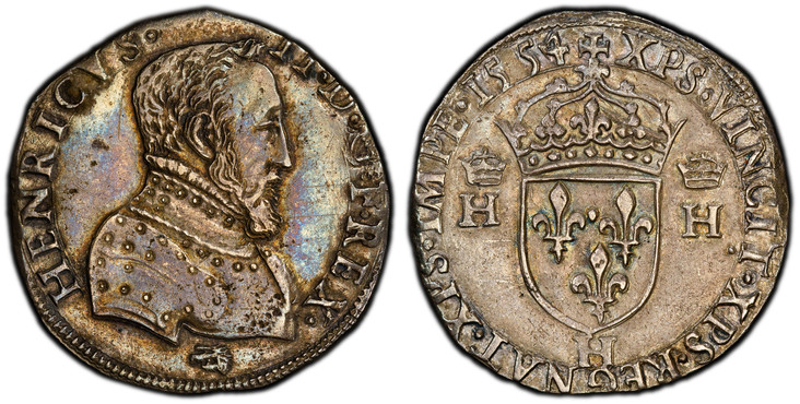 1084327 FRANCE. Henri II. (King, 1547-1559). 1554-H AR Teston du moulin. PCGS AU55.  La Rochelle Mint. Armored bust, right / Crowned shield of arms flanked by a crowned "H" to either side. Duplessy 983; Ciani 1266; Lafaurie 821.

Please use this l...
