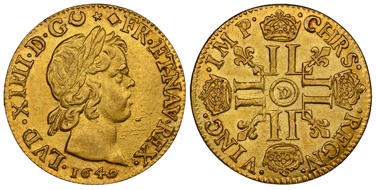 1084626 FRANCE. Louis XIV. 1649-D AV Louis d'Or. NGC AU58.  Lyon. Head with short curl / Cruciform of crowned LLs; a lis in each angle. KM 149.2; Fr.-415; Gad.-244.

Please use this link to verify the NGC certification number <a href="https://www....