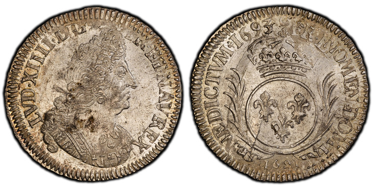 1083502 FRANCE. Louis XIV. (King, 1643-1715). 1693-S AR 1/2 Ecu. PCGS MS62.  Reims. 35mm. 13.6gm. LVD. XIIII. D. G (sun) - FR. ET. NAV. REX. Mailed bust right / SIT. NOMEN. DOMINI - BENEDICTVM. Crowned circular shield of France dividing palm branc...