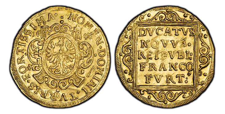 1082966 GERMAN STATES. Frankfurt Am Main. 1643 AM (a) AV Ducat. PCGS MS63.  3.45gm. Eagle in oval shield / Inscription within square. KM 85; Friedberg 972; J u.F.-443b.

Please use this link to verify the PCGS certification number <a href="http://...