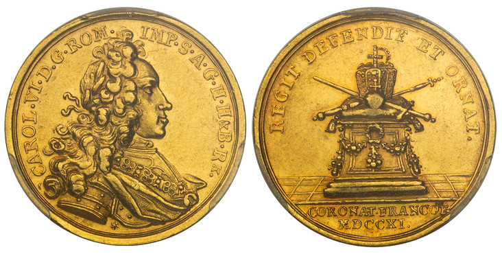 1084166 GERMAN STATES. Frankfurt Am Main. MDCCXI (1711) AV Medallic 2 Ducats. PCGS AU55.  Armored bust of Charles VI, right / Sword and Scepter beneath crown upon altar. Fr.-989; Forschner 176.

Struck to commemorate the coronation of Charles VI i...