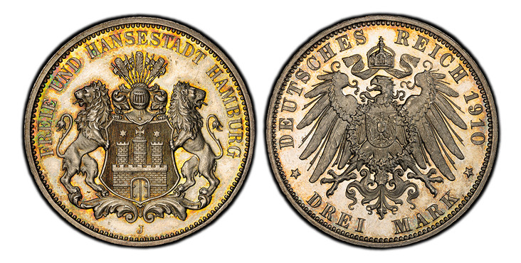 1083231 GERMAN STATES. Hamburg. 1910-J AR 3 Mark. PCGS PR64.  Hamburg. Edge: GOTT MIT UNS. Three tower castle on helmeted shield with supporters / Crowned imperial eagle, shield on breast. KM 620; Jaeger 64.

Please use this link to verify the PCG...