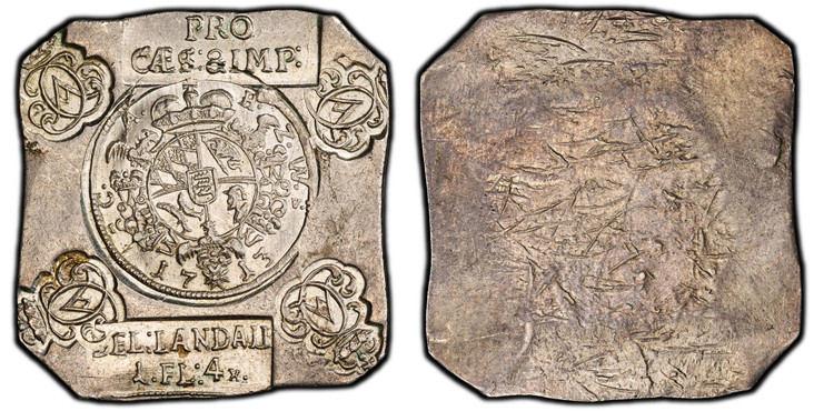 1083919 GERMAN STATES. Landau. 1713 AR 1 Florin 4 Kreuzer, Siege Klippe. PCGS MS63.  10.77gm. Crowned ducal coat-of-arms of Württemburg-Winnental, framed by Jagdorden, C · A · H · Z · W · around, I V · across field, 17 13 below; in upper stamp: PR...