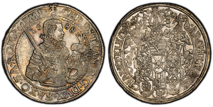 1082838 GERMAN STATES. Saxony-Albertine. Christian I. 1588 HB AR Thaler. PCGS MS62.  Dresden. 1/2-length armored figure to right, sword over right shoulder, head divides date, titles of Christian I / Shield of 13-fold arms breaks legend at bottom....