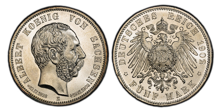 1083253 GERMAN STATES. Saxony-Albertine. Albert. 1902-E AR 5 Mark. PCGS MS66.  Muldenhutten. Edge: GOTT MIT UNS. ALBERT KOENIG VON SACHSEN. Head right / DEUTSCHES REICH date, FUNF MARK below. Crowned imperial eagle. KM 1246; Jaeger 128.

Please us...