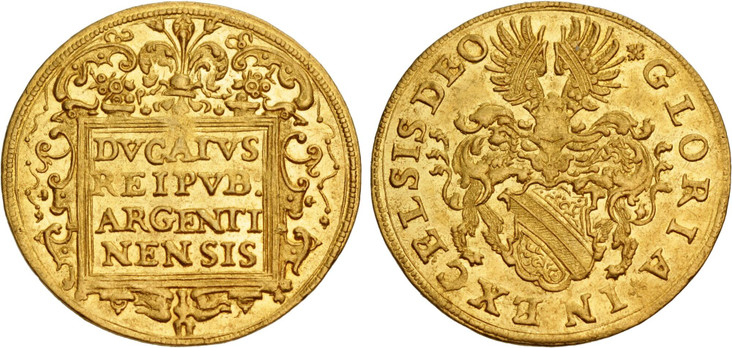 1084728 GERMAN STATES. Strasbourg. (c.1635-40) ND AV Ducat. NGC MS62.  22mm. 3.49gm. DVCATVS/ REIPUB./ ARGENTI/ NENSIS. Lily above garnished frame with legend on four-lines  / +GLORIA IN EXCELSIS DEO. Coat of arms of the city of Strasbourg; legend...