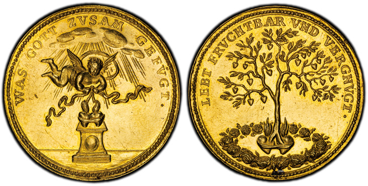 1083405 GERMAN STATES. (c.1700) ND AV Medallic 2 Ducats. PCGS MS62.  27.7mm. 6.97gm. WAS GOTT ZVSAM GEFVGT. Angel holding ribbon bonding two hearts in marriage upon an altar / LEBT FRVCHTBAR VND VERGNVGT. Tree of love with two hears in the roots, ...