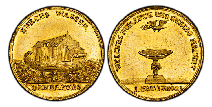 1083404 GERMAN STATES. (c.18th Century) ND AV Medallic 2 Ducats. PCGS AU58.  DURCHS WASSER// GENES.7.V.23. Noah's Arc upon waves / WELCHES NUN AUCH UNS SEELIG MACHET// 1.PET:3:V:20:21. Dove with a branch above baptismal font. Unlisted in Gopppel-P...