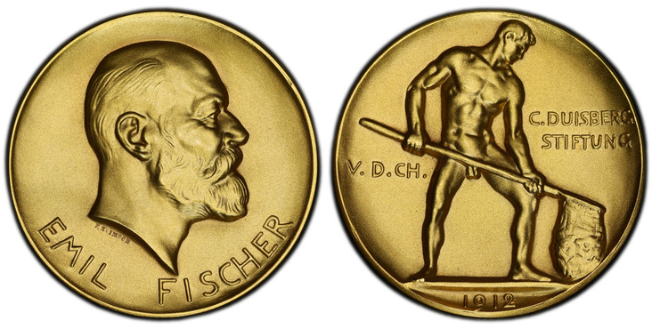 1080606 GERMANY - EMPIRE. Emil Fischer. (Chemist, 1852-1919). 1912 AV Medal of 22 Ducats Weight. PCGS SP68.  By F. Klimsch. Edge: [585]. 50mm. 76.84gm. EMIL FISCHER. Bust, right / Standing figure to right. Heidemann 128.

Prize medal of the Associ...