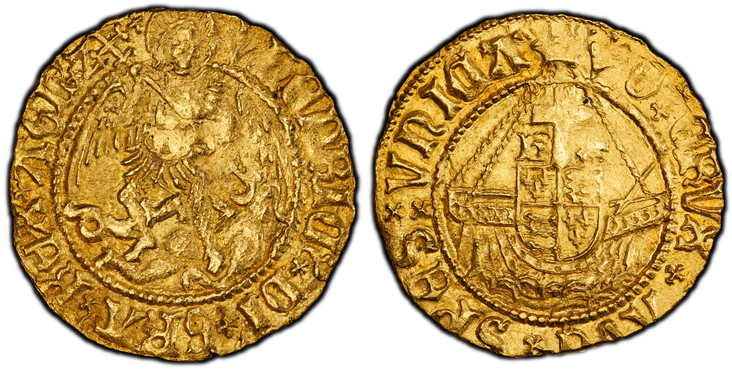 1084060 GREAT BRITAIN. England. Henry VII. (King, 1485-1509). (1505-09)-(Pheon) AV Half Angel. PCGS MS62.  London (Tower) mint. 2.55gm. St. Michael standing facing, head right, spearing dragon to lower right with spear topped by cross crosslet / S...