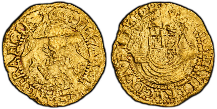 1084074 GREAT BRITAIN. England. Elizabeth I. (Queen, 1558-1603). (1582)-(Sword) AV Quarter Angel. PCGS XF40.  London (Tower) mint. 1.16gm. St. Michael standing facing, head right, spearing dragon to lower right with spear topped by cross crosslet ...