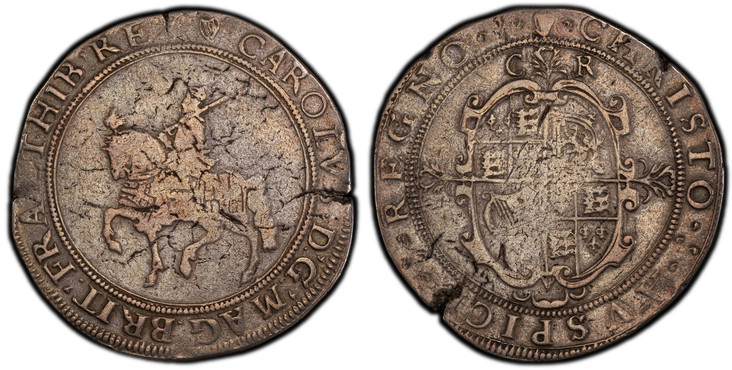 1084086 GREAT BRITAIN. England. Charles I. (King, 1625-1649). (1632-33)-(Harp) AR Crown. PCGS VF25.  London mint. The King, holding sword and reins, riding caparisoned horse trotting to the left / Garnished oval shiled of arms over cross fourchee....