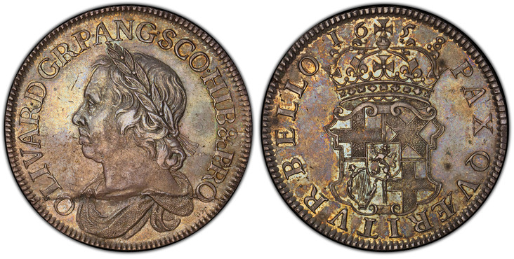 1084633 GREAT BRITAIN. England. Oliver Cromwell. (Lord Protector of the Commonwealth of England, Scotland, and Ireland, 1653-1658). 1658/7 AR Crown. PCGS AU55.  By Thomas Simon (dies). Blondeau's mint, Drury House, London. OLIVAR · D · G · R · P ·...