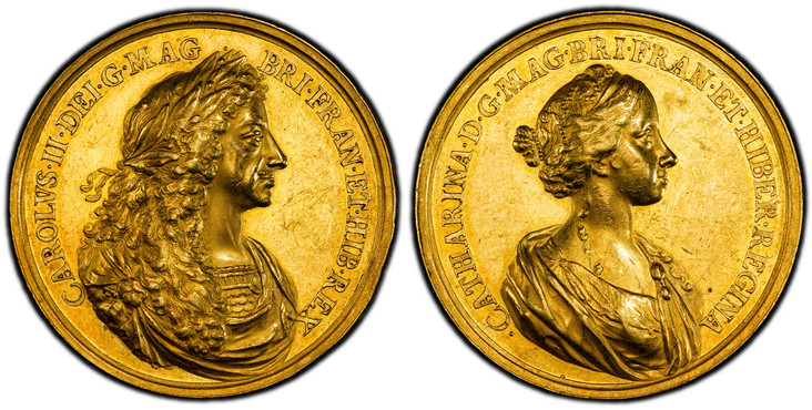 1084102 GREAT BRITAIN. England. Charles II. (King, 1660-1685). 1662 AV Medal of 18 Ducats Weight. PCGS AU55.  By J. Roettier. London. 43mm. 61.77gm. Laureate, draped, and armored bust, right / Draped bust of Catharine right, with hair decorated wi...