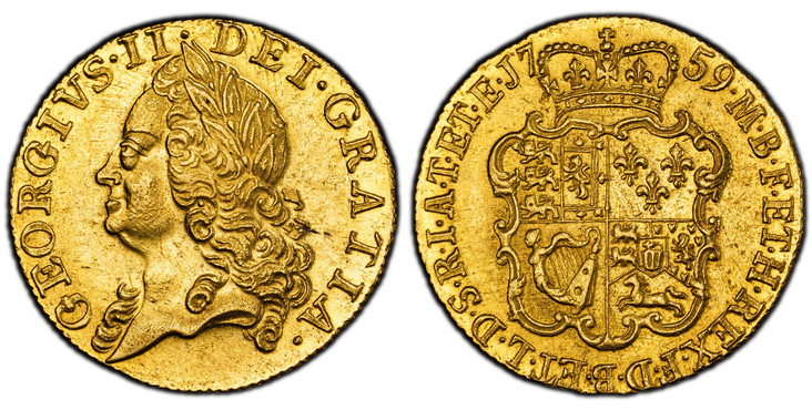 1084113 GREAT BRITAIN. George II. (King, 1727-1760). 1759 AV Guinea. PCGS MS62.  GEORGIVS · II · DEI · GRATIA ·. Older laureate head left / F · D · B · ET · L · D · S · R · I · A · T · ET · E · - M · B · F · ET · H · REX ·. Crowned 4-fold arms. KM...