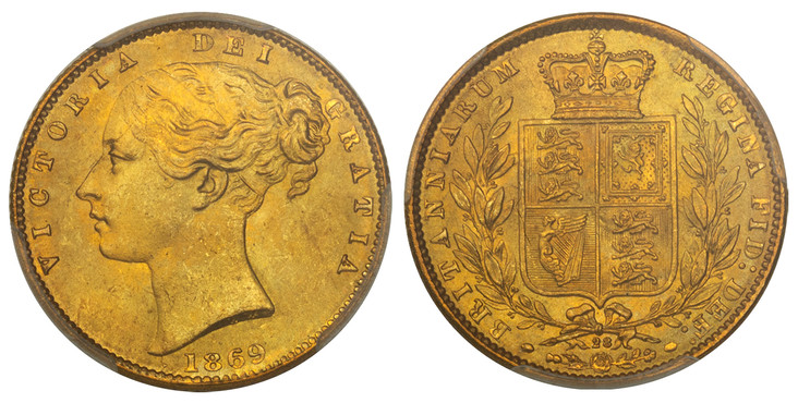 1083910 GREAT BRITAIN. Victoria. (Queen, 1837-1901). 1869 AV Sovereign. PCGS MS65+.  VICTORIA DEI GRATIA. Head left / BRITANNIARUM REGINA FID: DEF:. Die number below wreath. KM 736.2; SCBC-3853.

Die #28.

Please use this link to verify the PCGS c...