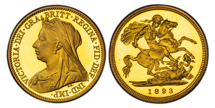 1084121 GREAT BRITAIN. Victoria. (Queen, 1837-1901). 1893 AV Half-Sovereign. PCGS PR66DCAM (Deep Cameo).  VICTORIA · DEI · GRA · BRITT · REGINA · FID · DEF · IND · IMP ·. Mature draped bust left / St. George slaying the dragon right. KM 784. Proof...