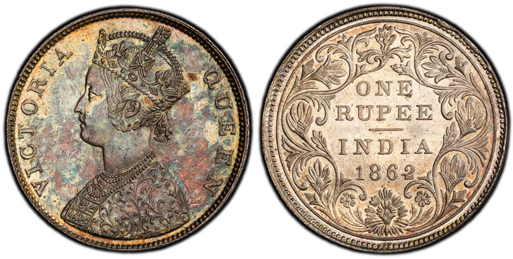 1084174 INDIA-BRITISH. Victoria. (Queen, 1837-1901). 1862-(b) AR Rupee. PCGS MS65.  Bombay mint. Edge: Reeded. VICTORIA QUEEN. Crowned bust left / Value and date within wreath. KM 473.1; S&W-4.57A; Pridmore 58. Type D/2A, 0/0.

Please use this lin...