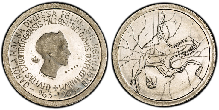 1084361 LUXEMBOURG. Charlotte. (Queen, 1919-1964). -1963 AR Essai 250 Francs. PCGS SP66.  By Nina & Julien Lefèvre. Brussels. Edge: Milled. CAROLA MAGNA DVCISSA FELICITER REGNANTE / 963 - 1963// + CIVITAS LVCEMBORGENSIS MILLESIMVM OVANS EXPLECTANN...
