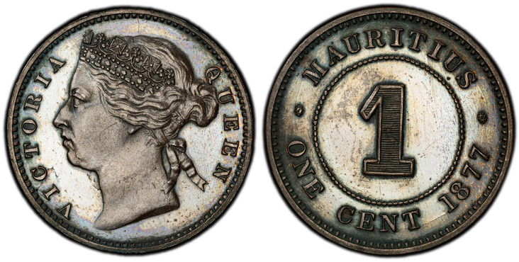 1082945 MAURITIUS. Victoria. (Queen, 1837-1901). 1877 AE Cent. PCGS PR63BN (Brown).  London mint. VICTORIA QUEEN. Crowned head left / MAURITIUS... Value within beaded circle. KM 7. Proof.

Please use this link to verify the PCGS certification numb...