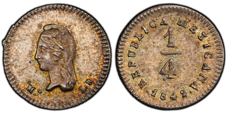 1083843 MEXICO. 1842-Mo LR AR 1/4 Real, Un Quarto/Una Quartilla. PCGS MS63.  Mexico City. Bust left wearing phrygian cap / Denomination. KM 368.6.

Please use this link to verify the PCGS certification number <a href="http://www.pcgs.com/cert/5134...
