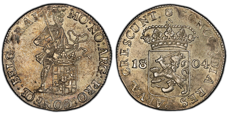 1083059 NETHERLANDS. Batavian Republic. (1795-1806). 1804-(Shield) AR Silver Ducat. PCGS MS62.  Utrecht. Edge: Reeded. 28.11gm. MO:NO:ARG:PRO:CONFOE:BELG:TRAI. Standing armored knight, crowned shield by legs / CONCORDIA RES PARVAE CRESCUNT. Crowne...