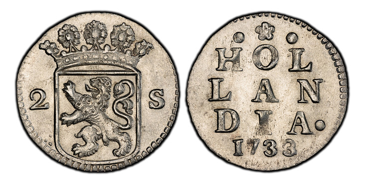 1083337 NETHERLANDS. Holland. 1733 AR 2 Stuivers, Double Wapenstuiver. PCGS MS63.  Crowned arms of Holland divides value. / HOL/ LAN /DIA / (date). KM 48; CNM 2.28.118; V. 56.4.

Please use this link to verify the PCGS certification number <a href...