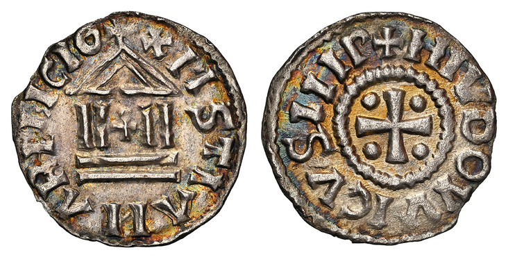 1081054 NETHERLANDS. Utrecht. Lodewijk de Vrome - Louis the Pious. (Bishop, 814-840). (814-840) ND AR Denarius. NGC MS60.  1.29gm. +XRISTIANA RELICIO. Stylized building / +HIVDOVV ICVSIIIP. Cross with a pellet in each angle; all within circle. Mor...