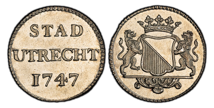 1082885 NETHERLANDS. Utrecht. 1747 AR Duit. PCGS SP64.  Crowned arms of Utrecht, with supporters on mantle / STAD/UTRECHT. Inscription above date. KM 91a.

Please use this link to verify the PCGS certification number <a href="http://www.pcgs.com/c...