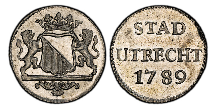 1082887 NETHERLANDS. Utrecht. 1789 AR Duit. PCGS SP64.  Crowned arms of Utrecht, with supporters on mantle / STAD/UTRECHT. Inscription above date. KM 91a.

Please use this link to verify the PCGS certification number <a href="http://www.pcgs.com/c...
