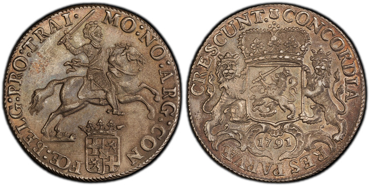 1083936 NETHERLANDS. Utrecht. 1791 AR Ducaton, 60 Stuiver - Silver Rider. PCGS AU58.  Edge: Cabled. MO : NO : ARG : CON FOE : BELG : PRO : TRAI ·. Armored knight on horse above crowned shield / CONCORDIA RES PARVÆ CRESCUNT ·. Crowned arms of Utrec...