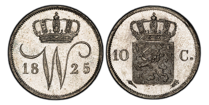 1083684 NETHERLANDS. William I. 1825-(Torch) AR 10 Cents. PCGS MS65.  Ultrecht. Crowned W divides date / Crowned arms divides value. KM 53.

Standard Coinage. Privy mark Ultrecht: Torch. Brussels: Palm branch.

Please use this link to verify the P...