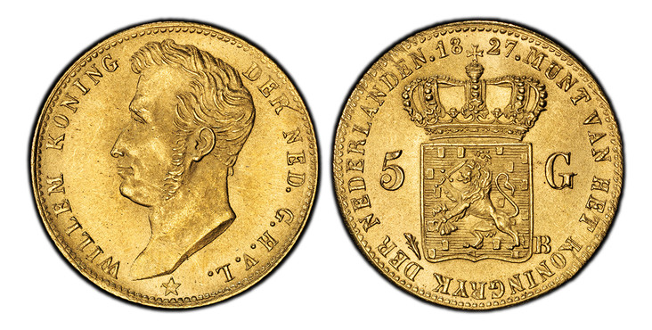 1083689 NETHERLANDS. William I. 1827-B AV 5 Gulden. PCGS MS64.  Brussels (Palm branch). Edge: Reeded. WILLEM KONING - DER NED. G.H.V.L. Head left / (date) MUNT VAN HET KONINGRIJK DER NEDERLANDEN. Crowned arms divides value. KM 60.

Please use this...